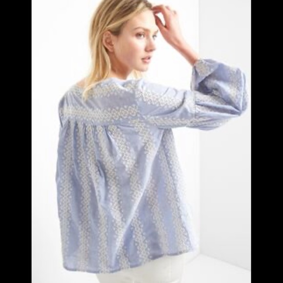 Gap Eyelet Lace Split-Neck Blouse in Chambray - Picture 3 of 8